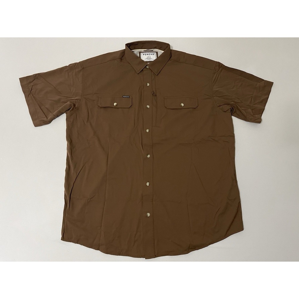 Poncho Fishing Shirt Men L Brown Short Sleeve Magnetic Pockets Button Vented